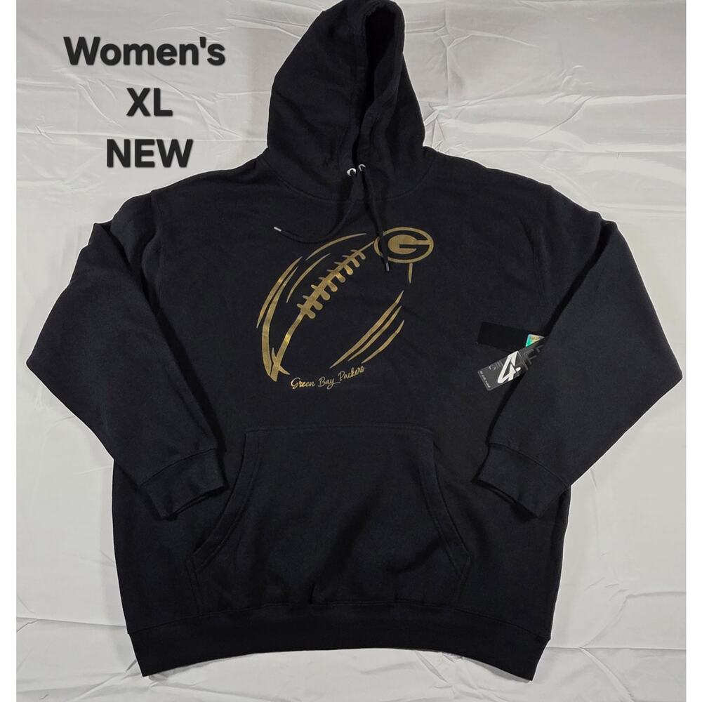 WOMEN XL GREEN BAY PACKERS BLACK HOODED SWEATER WITH GOLD PRINT GIII 4 HER NEW